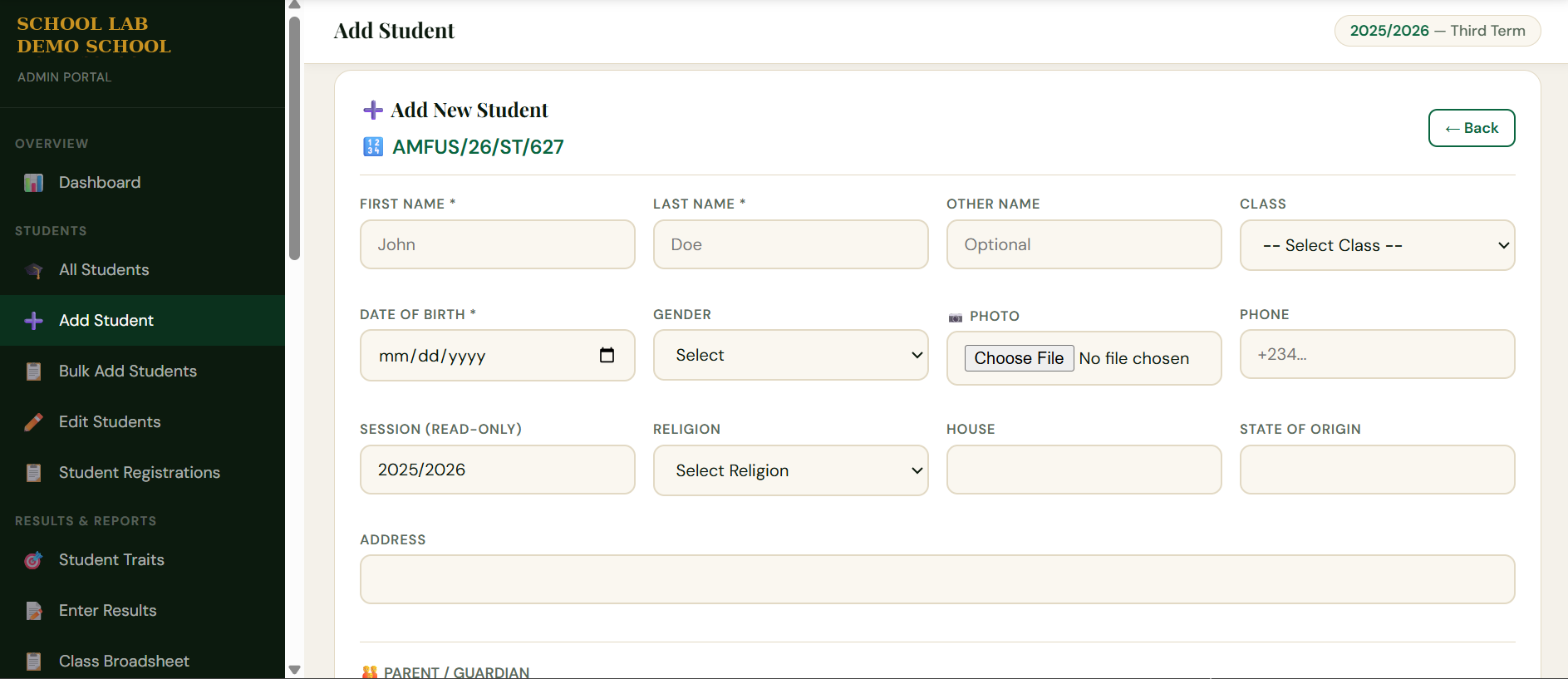 Add new student form, Demo School