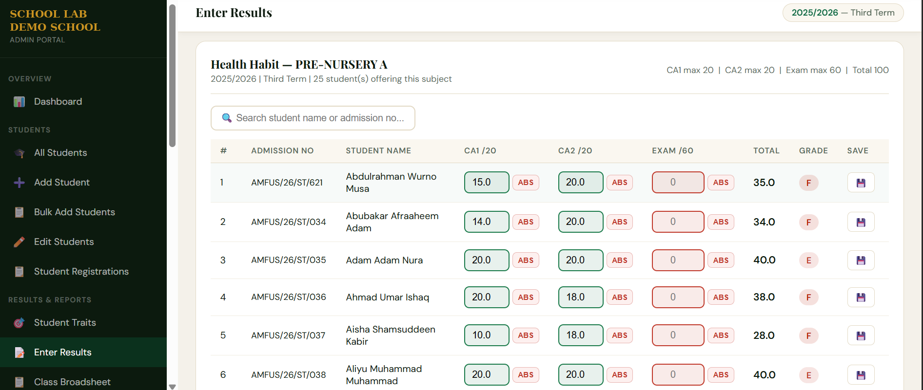 Screenshot of School Lab's Enter Results screen showing automatic total calculation for CA1, CA2 and Exam scores
