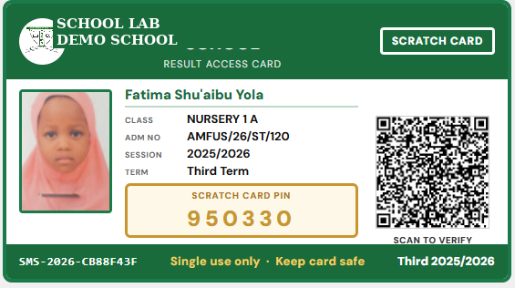 Sample School Lab scratch card, Demo School