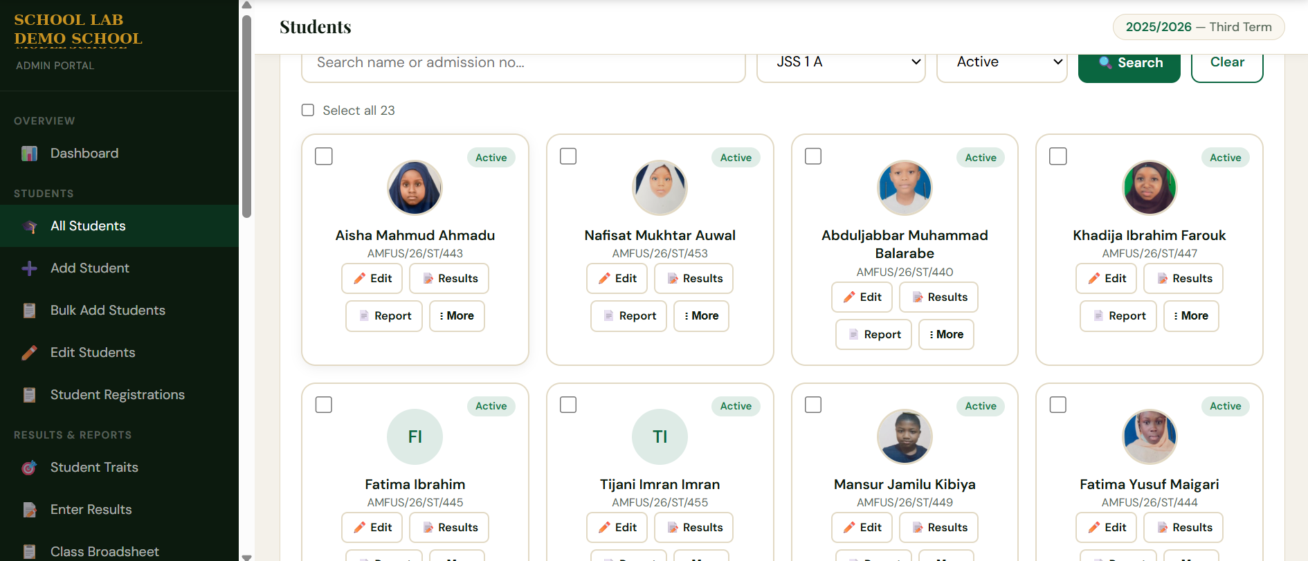 Student management dashboard, Demo School