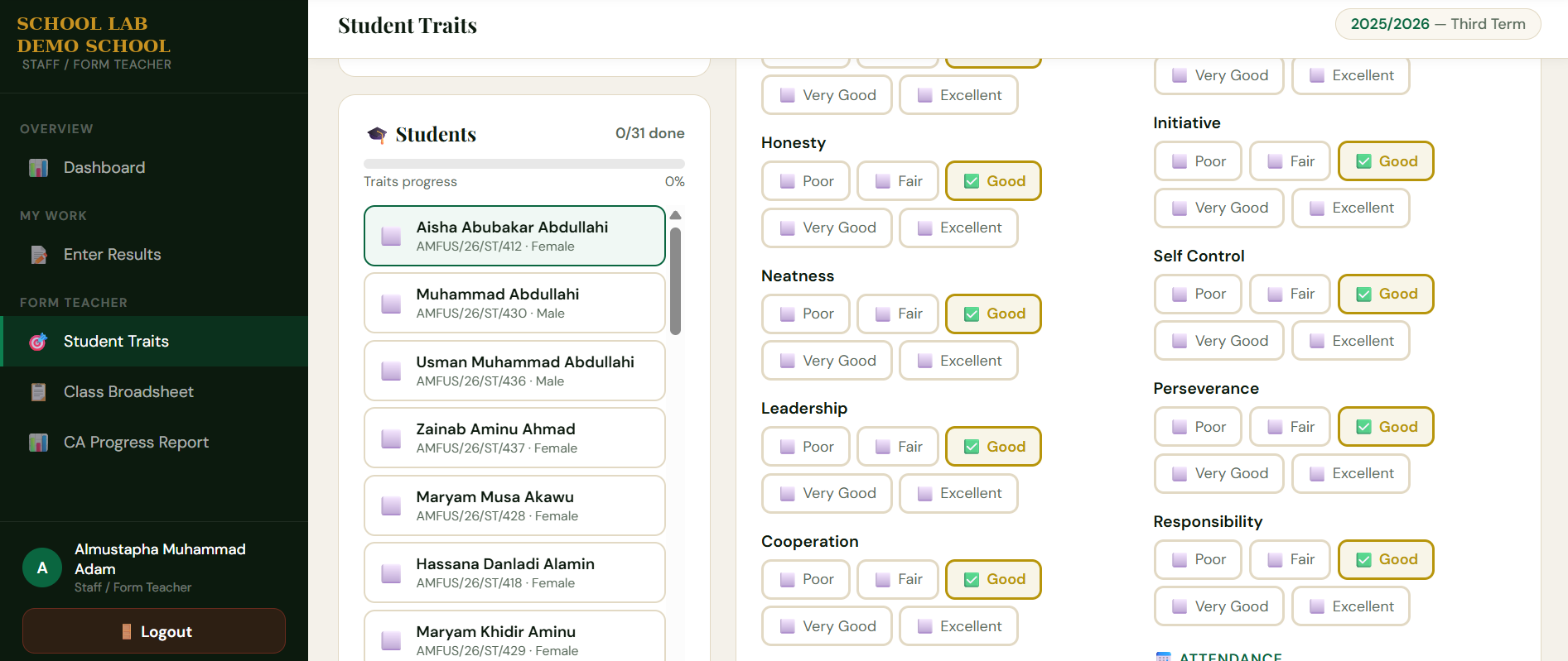 Student traits assessment screen, Demo School